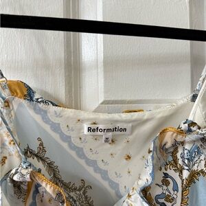 Reformation Blue and Gold Patterned Dress